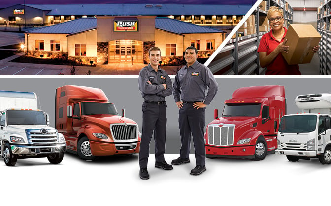 Rush Truck Centers dealership, lineup of commercial vehicles from Peterbilt, Ford, Hino, International and Isuzu and three Rush Truck Centers employees