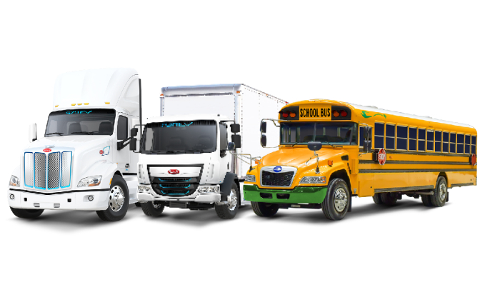 Peterbilt and International electric trucks with Blue Bird electric school bus