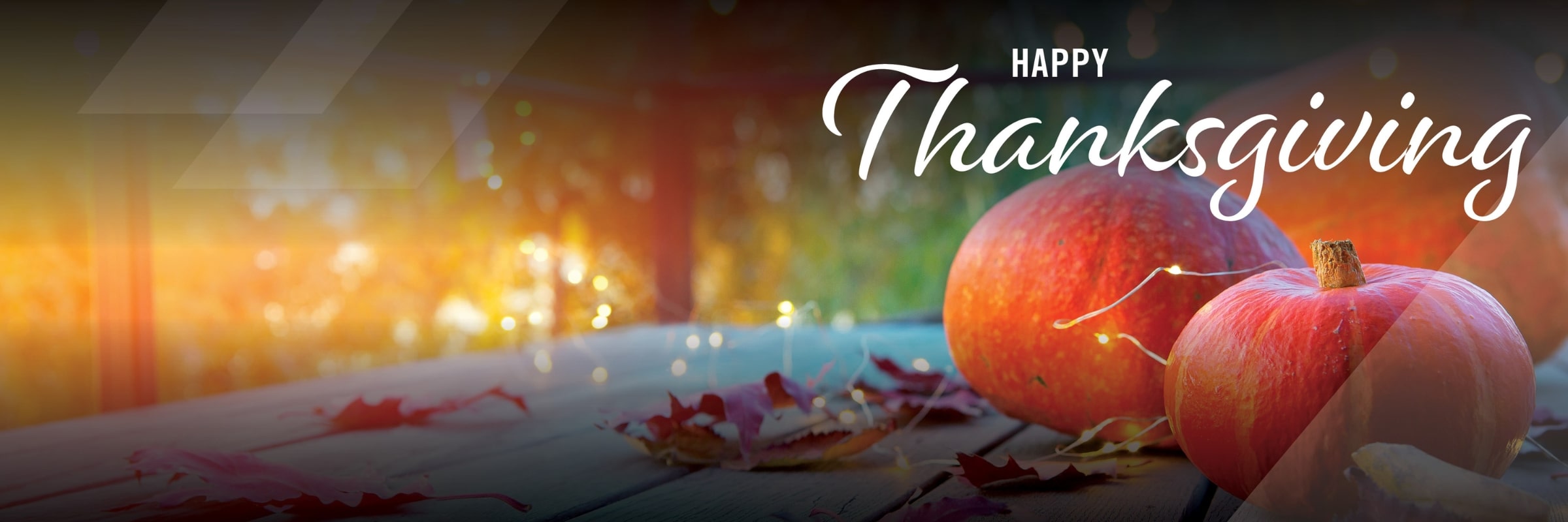 Pumpkins and leaves on picnic table with Happy Thanksgiving overlay