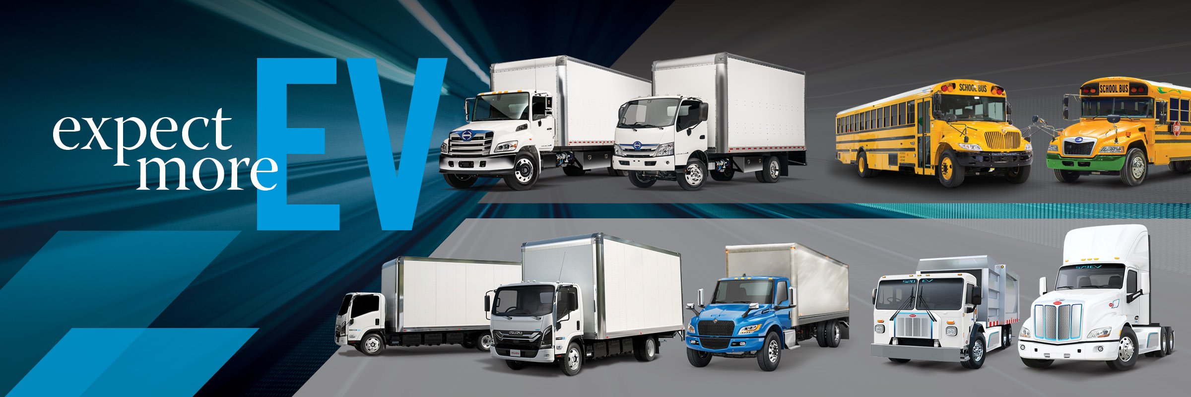 Compilation of electric vehicles from Peterbilt, International, Hino, Isuzu, Blue Bird and IC Bus